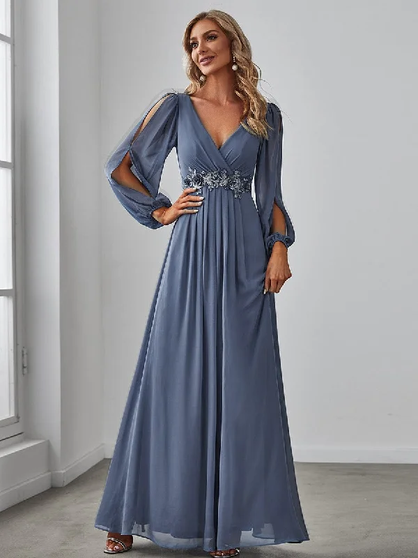 Iris | Elegant Chiffon V-Neckline Long Sleeve Wedding Guest Dress