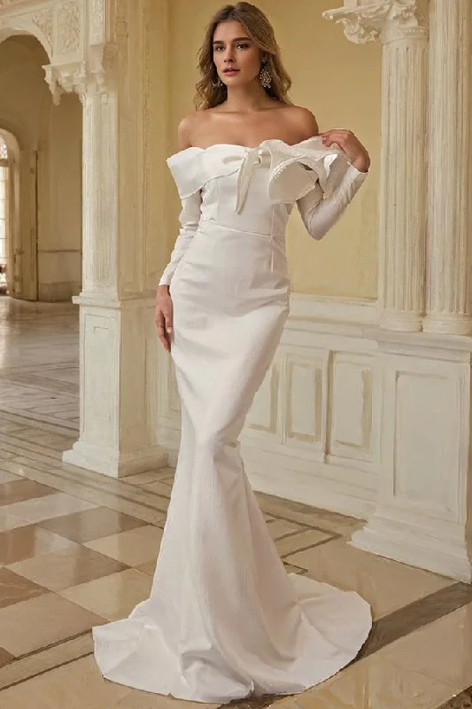 Ivory Satin Off The Shoulder Trumpet Long Prom Dress with Detachable Sleeves