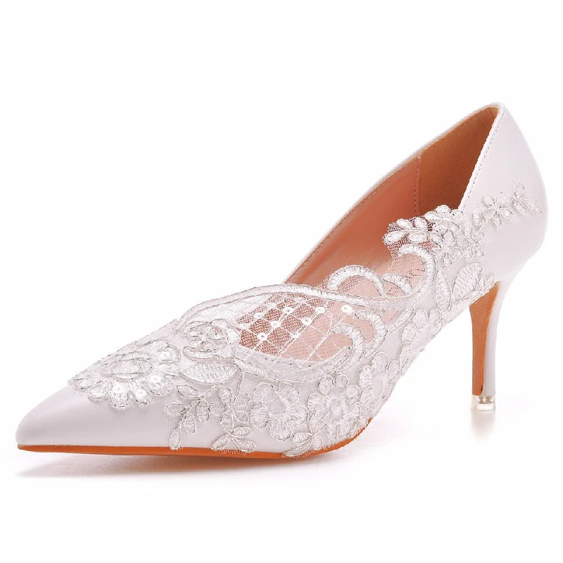 Women's Wedding Shoes White Lace Pointed Toe High Heels