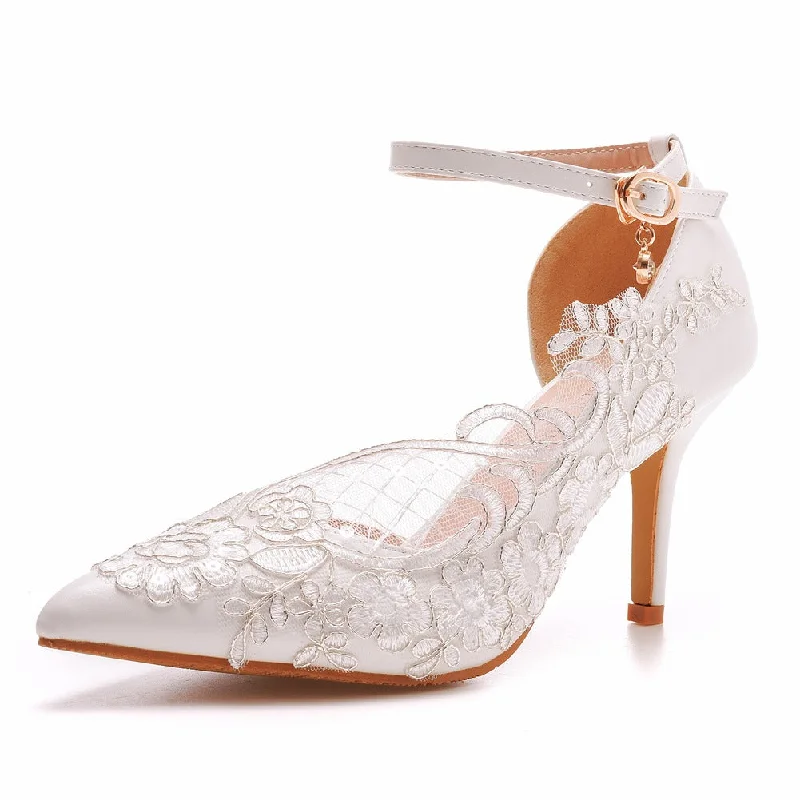 White Pointed Toe Lace Ankle Strap High Heels