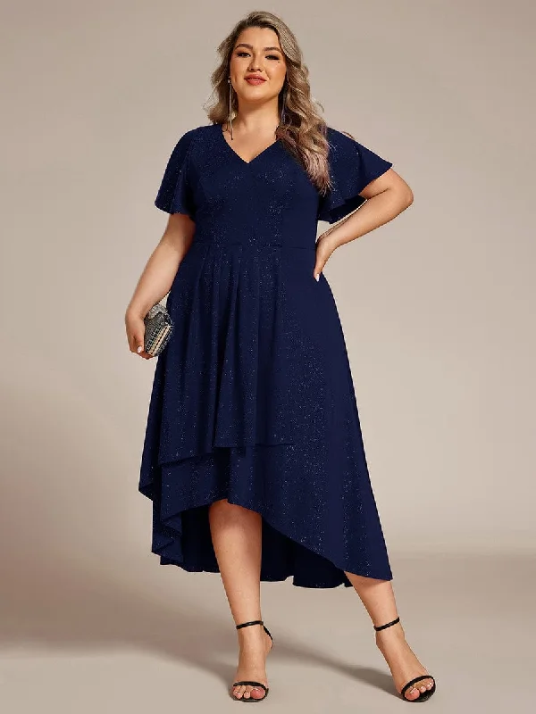 Glow Lana | Plus Size  Ruffled Sleeves Glitery V-Neck Midi Wedding Guest Dress