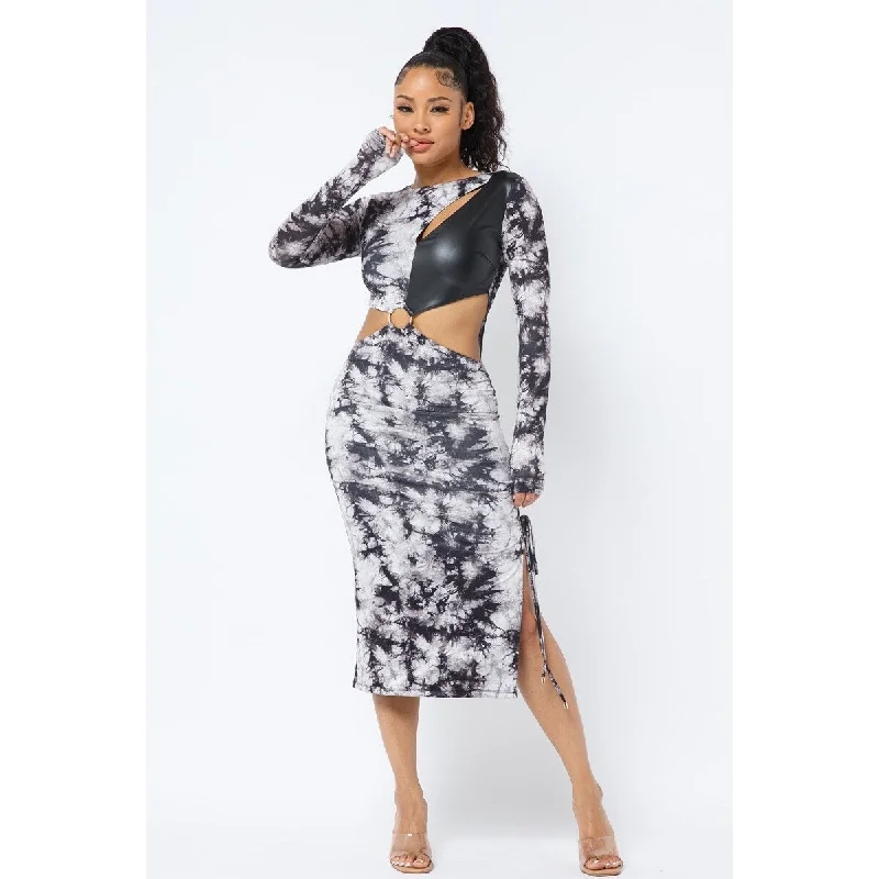 Chic Tie Dye Long Sleeve Midi Dress with Edgy Cut Out and PU Leather Details