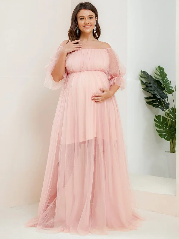 Plus Size Off-Shoulder Tulle Double Skirt Maxi Maternity Dress