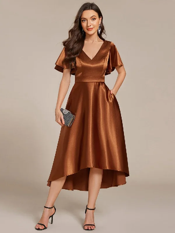 V-neck High-Low Satin Wedding Guest Dress with Pockets