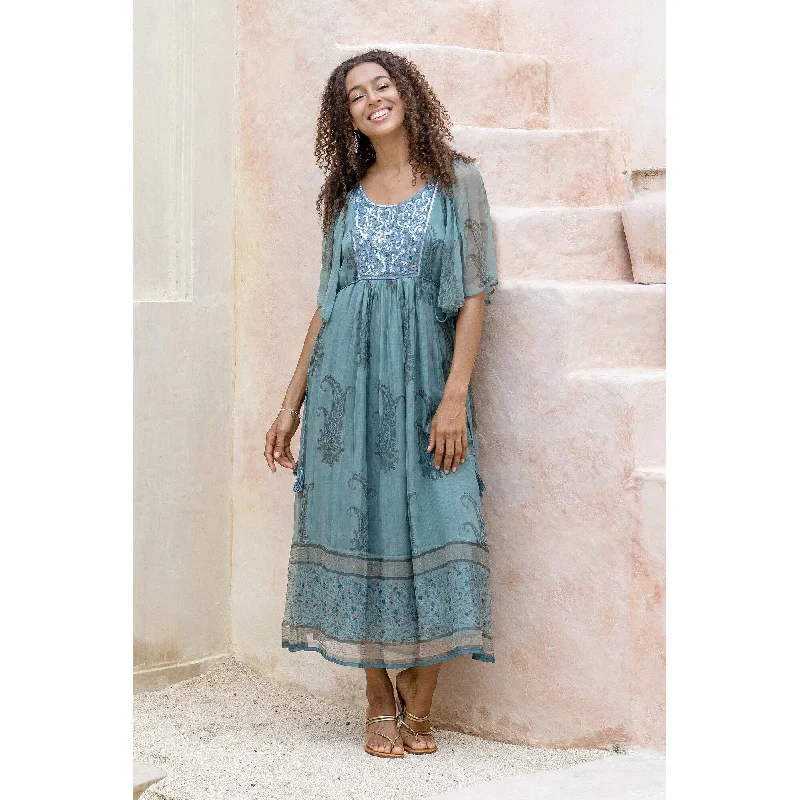 Novica Handmade Elegant Entrance Block-Printed Empire Waist Dress