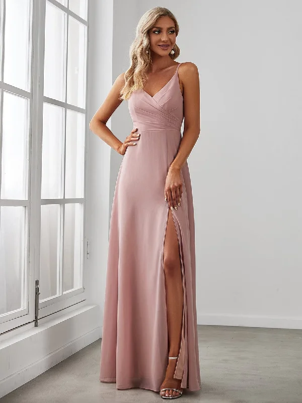 Lumi | Pleated V-Neck Spaghetti Strap High Slit Bridesmaid Dress