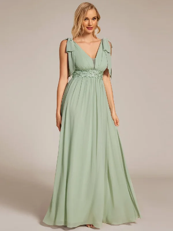 Bow Shoulder Empire Waist Maxi Bridesmaid Dress