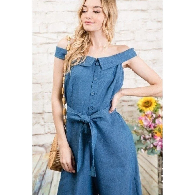 FoldOver Collar Detailed Button Down OffShoulder Chambray Denim Wide Leg Palazzo Jumpsuit With Waist Tie