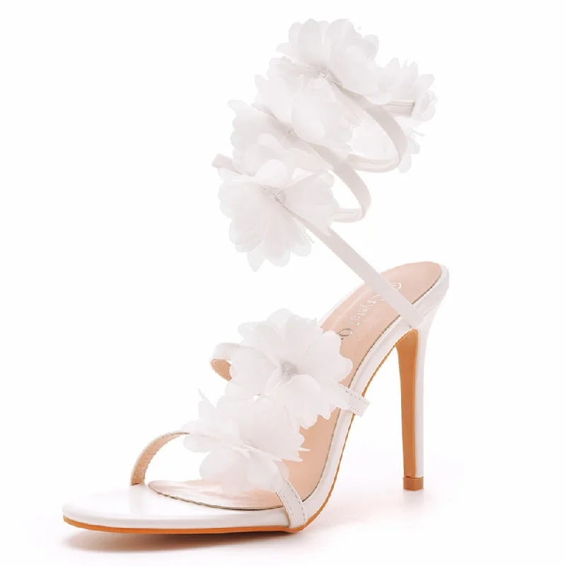 White Appliques Ankle Strap Open Toe Ultra High Heels