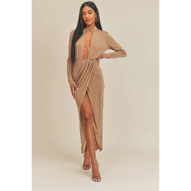 Long Sleeves Pecan Brown Open Front Dress