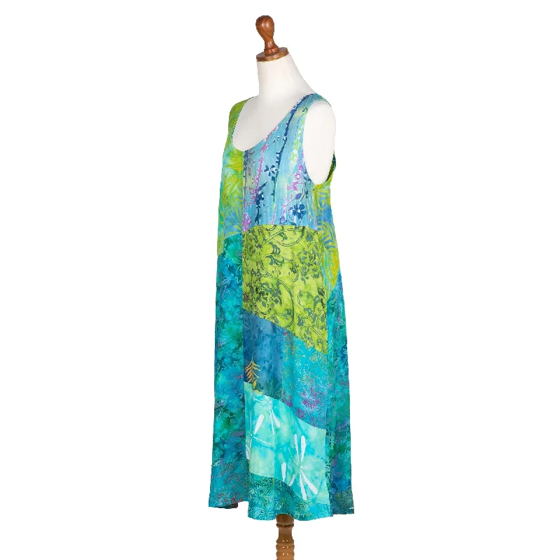 Novica Handmade Green Patchwork Dreams Batik Rayon Summer Dress