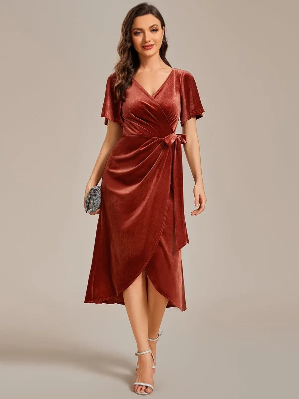 Tala | One-Piece Type Short Sleeves V-Neck Velvet Midi Wedding Guest Dress