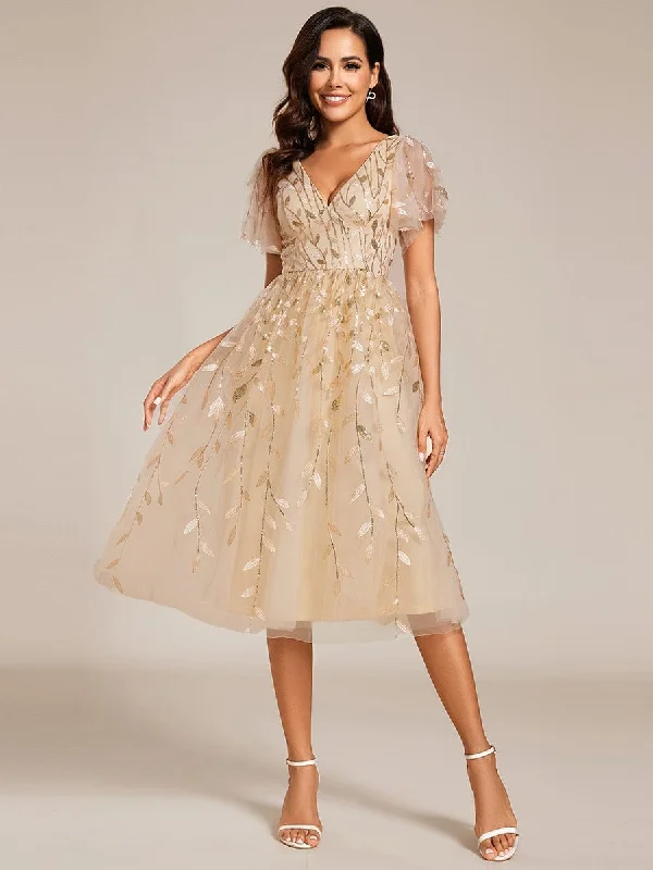 Gentle Coco | Short Sleeves Leaf Sequin A-Line Midi Formal Wedding Guest Dress