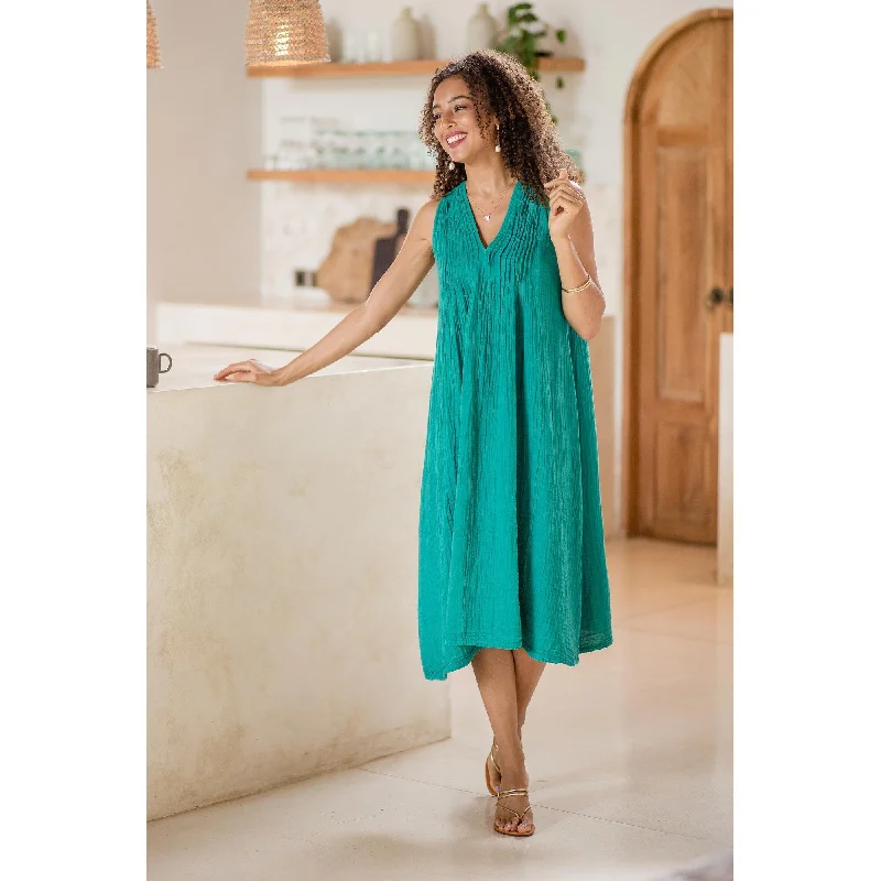 Novica Handmade A Day Off In Teal Cotton A-Line Dress