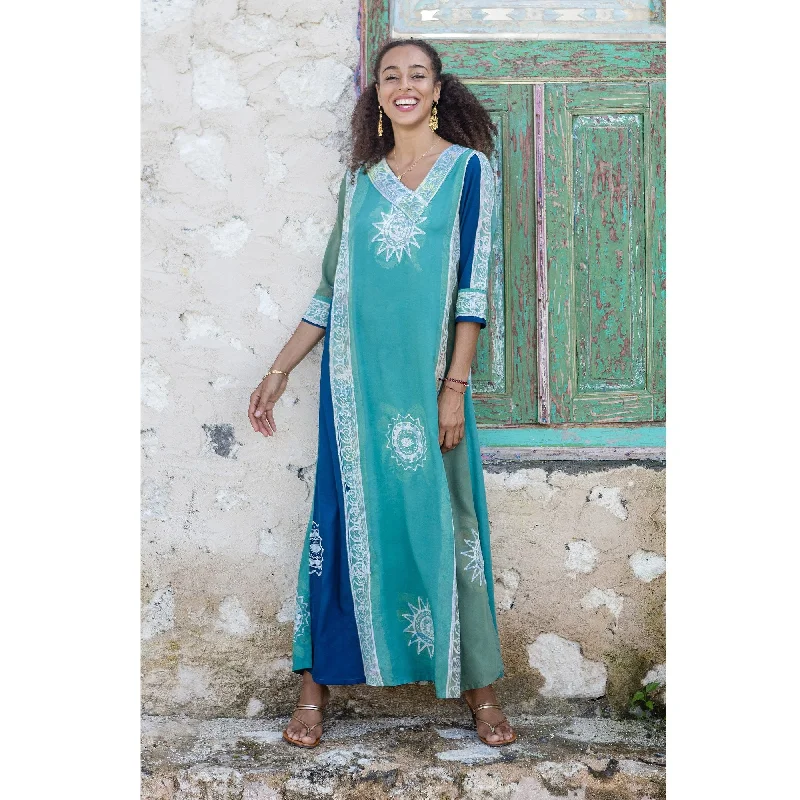 Novica Handmade Vintage Teal Batik Batik Rayon Maxi Dress