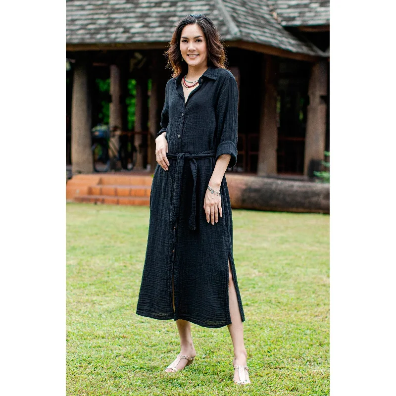 Novica Handmade Street Smarts In Black Cotton Shirtwaist Dress