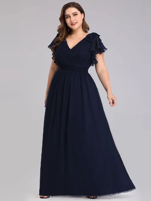 Custom Size Elegant Pleated Ruffles Sleeves Chiffon Evening Dress