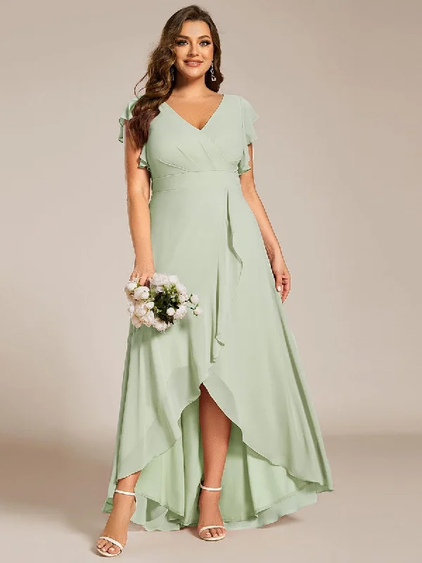 Celia | Plus Size A-Line Chiffon High-Low Bridesmaid Dress with Ruffled Sleeve