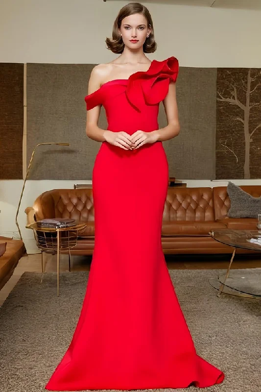 One Shoulder Sleeveless Prom Dress Red Mermaid Long Party Dress