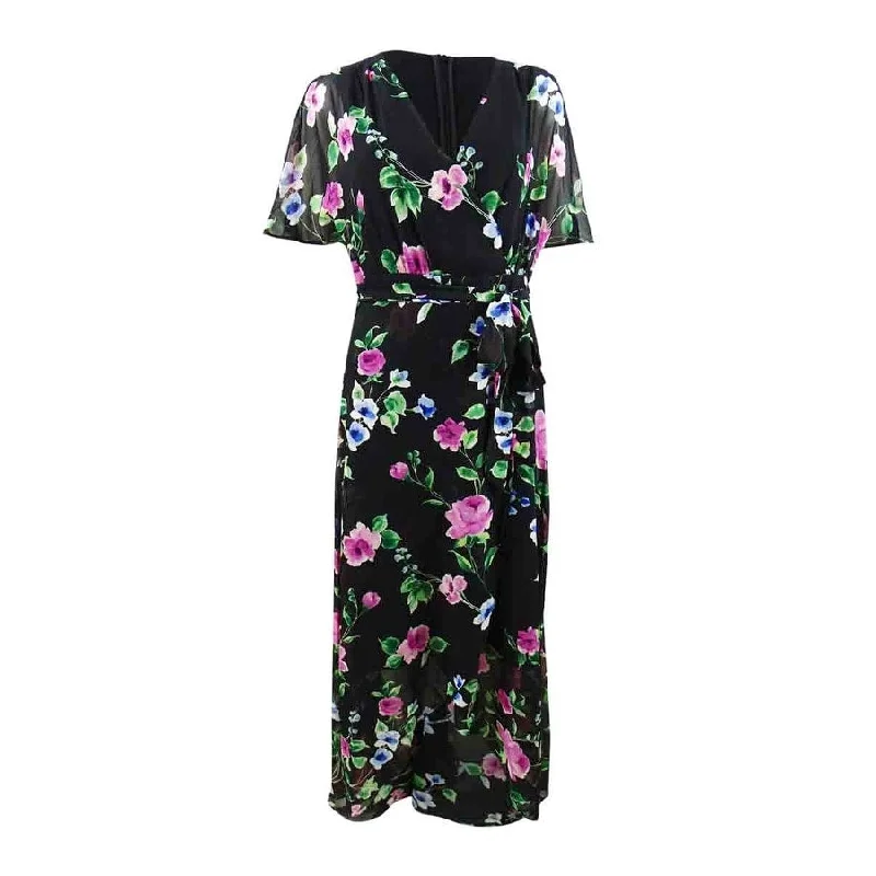 Jessica Howard Women's Floral-Print Faux-Wrap Maxi Dress (8, Black Multi)