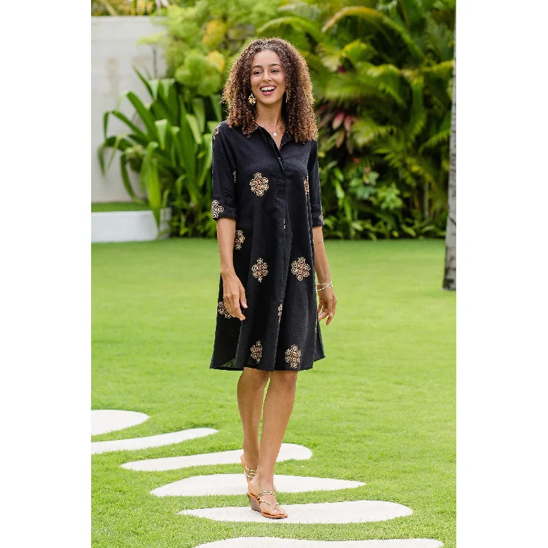 Novica Handmade A Stich In Time In Black Block-Printed Shirt Dress