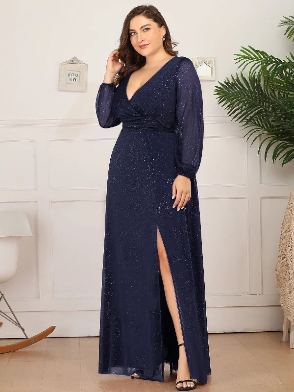 Custom Size Long Sleeve Side Split V-Neck Glittery Evening Dress