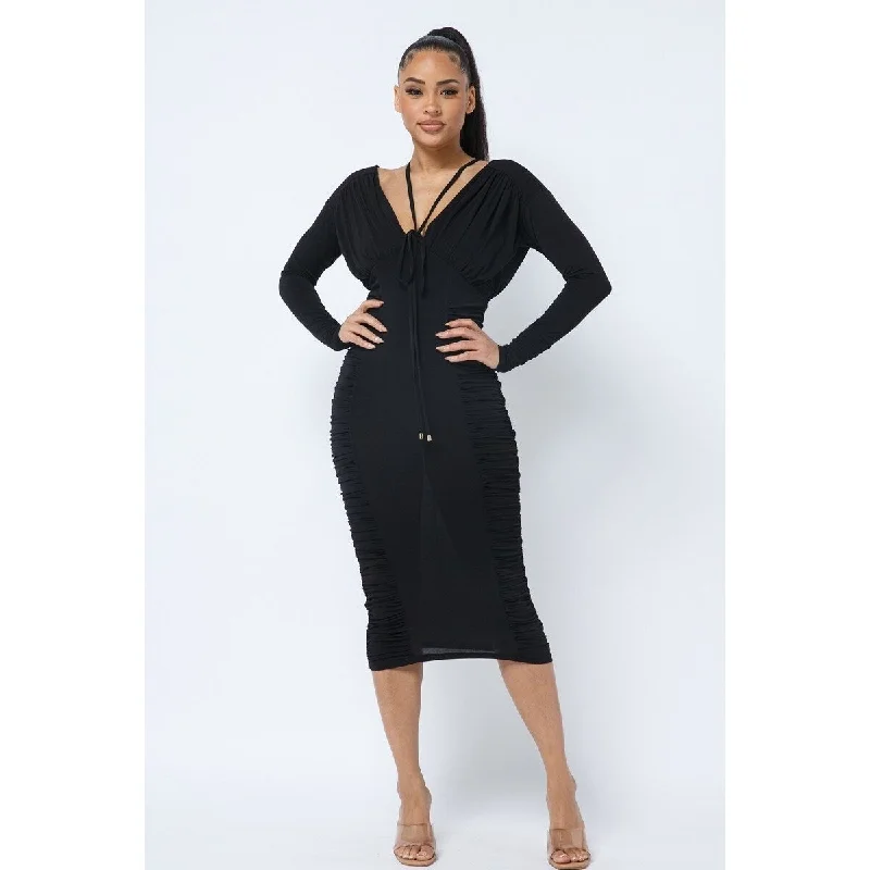 Black Long Sleeve Midi Dress with Low V-Neck and Back