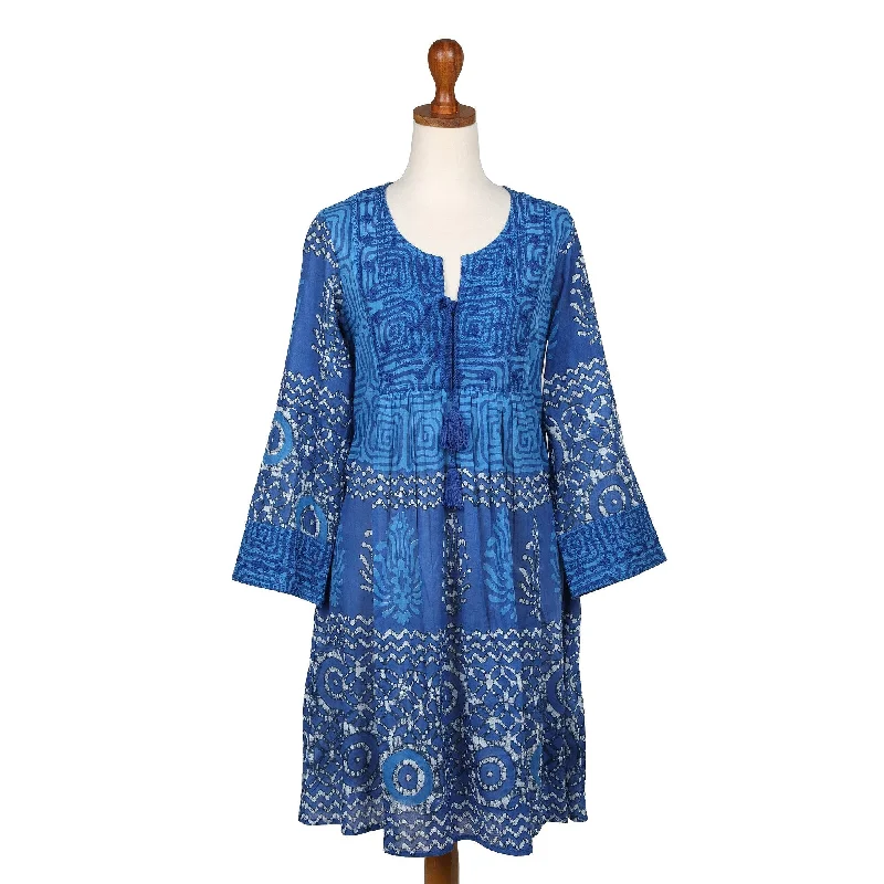 Novica Handmade Cool Blue Embroidered Cotton Tunic Dress