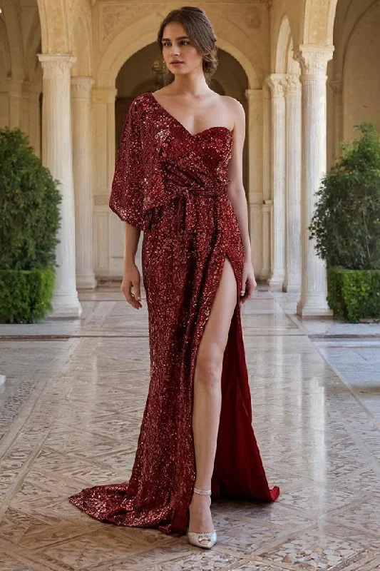 Elegant One Shoulder A Line Sequins Long Prom Dress with High Slit