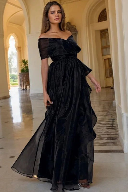 Organza Black Off The Shoulder Floor Length Prom Dress