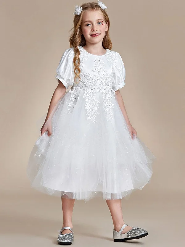 Satin Floral Applique Puff Sleeves Tulle Flower Girl Dress