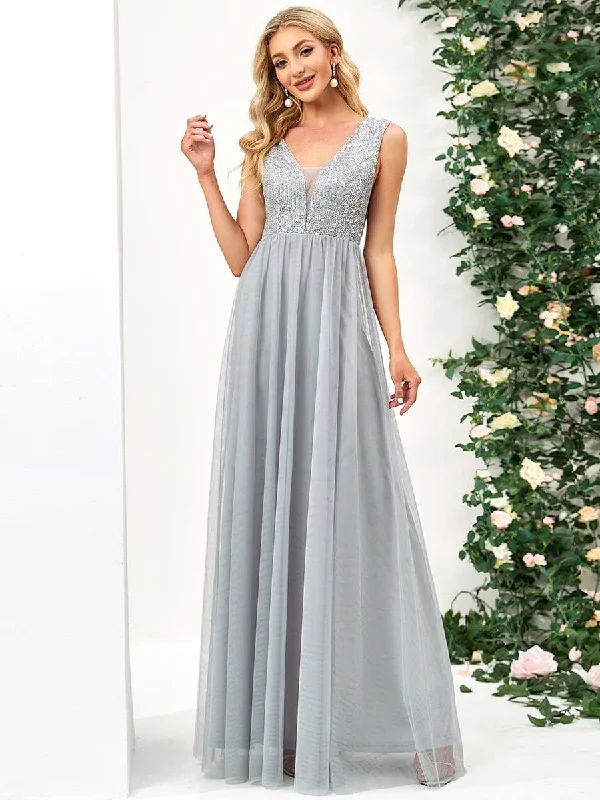 Sequin Illusion Plunging V-Neckline Sleeveless A-Line Tulle Evening Dress