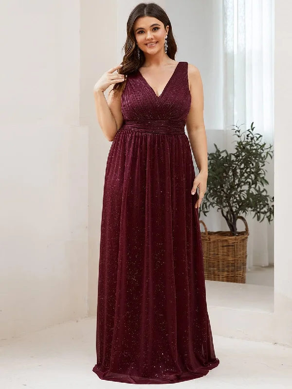 Custom Size Double V Neck Floor Length Sparkly Evening Dresses for Party