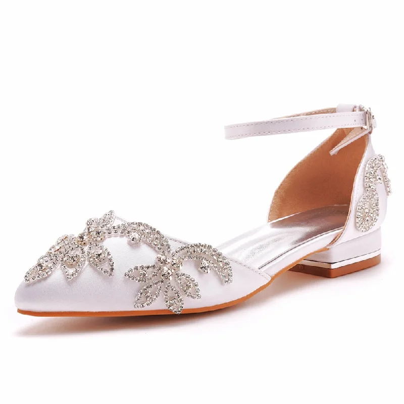 White Satin Rhinestone Flowers Pointed Toe Chunky Heels