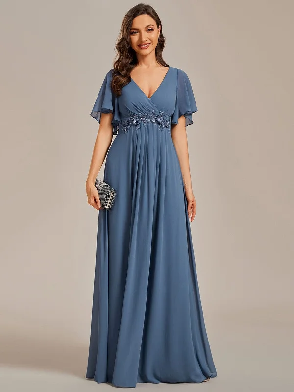 Gentle Iris | Ruffles Sleeve A-Line Chiffon Waist Applique Maxi Wedding Guest Dress