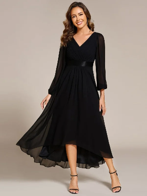 Long Sleeve A Line Chiffon Pleated Asymmetrical Hem Formal Dress