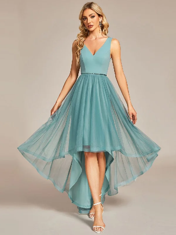 Sleeveless Tulle High Low Prom Dress with Waist Chain