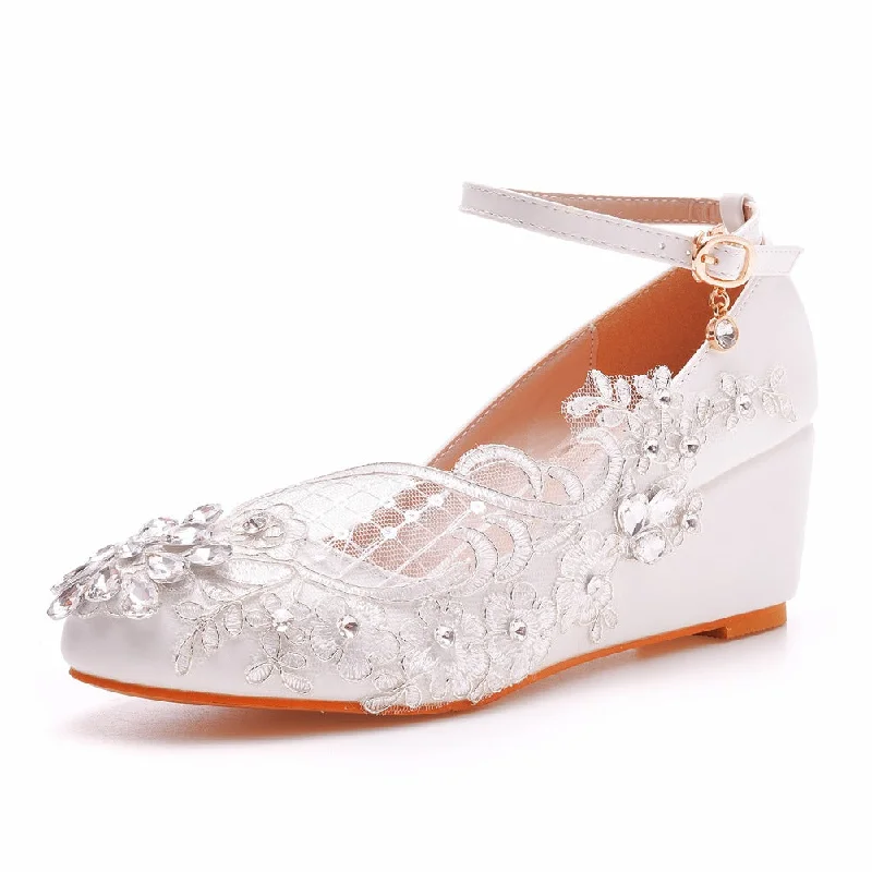 Round Toe Lace Rhinestones Ankle Strap Wedge Heel Wedding Shoes