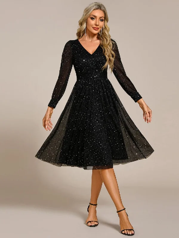 Glitter Midi Wedding Guest Dress with Long Sleeves