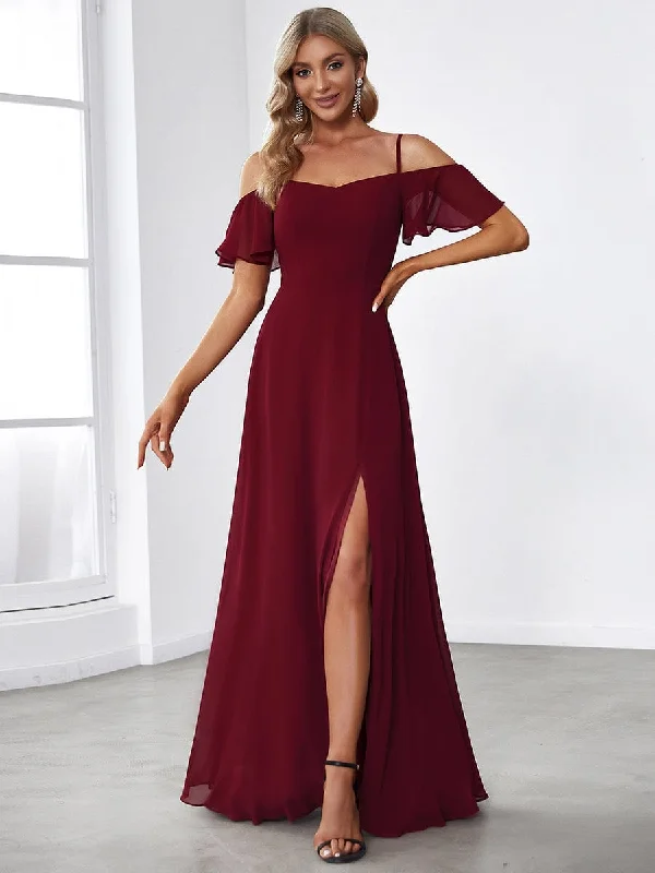 Cold Shoulder High Slit Chiffon Wedding Guest Dress