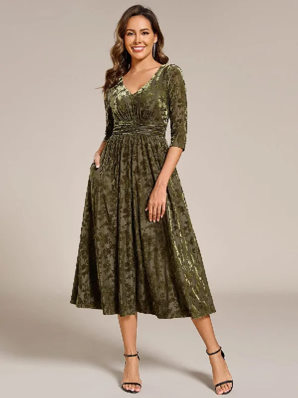 Floral Velvet 3/4 Sleeve V-Neck Pleated Wedding Guest Dress