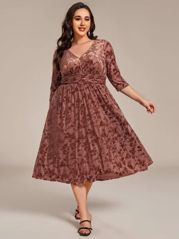 Plus Size 3/4 Sleeve Floral Velvet Wedding Guest Dress with Pockets