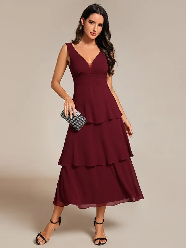 Sleeveless Tiered Hem V-Neck Chiffon Wedding Guest Dress