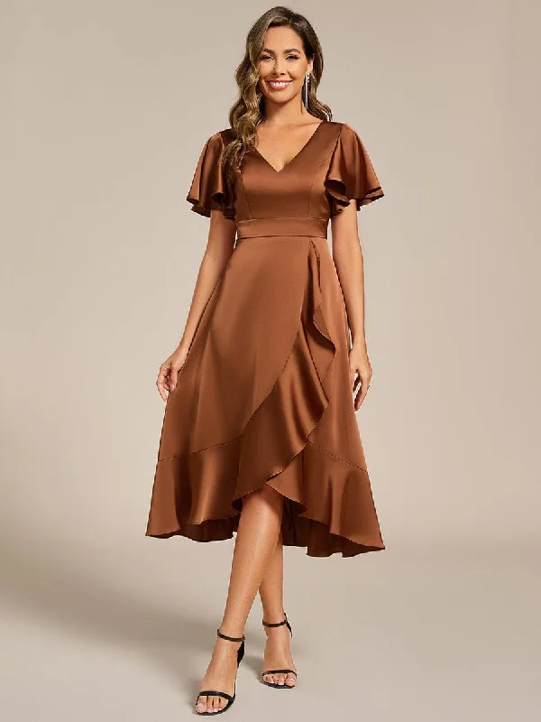 V-Neck Satin Midi Wedding Guest Dress with Ruffled Skirt