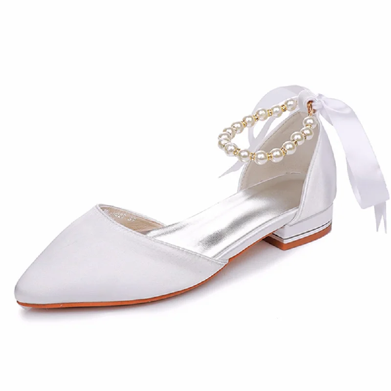 Elegant Pearl Ribbon Tie Satin Flat Heel Pointed Toe Bridal Shoes